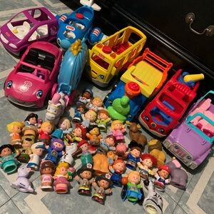 Bundle Of 30+ Fisher-Price Little People And 8 Vehicles Lot Disney, Barbie